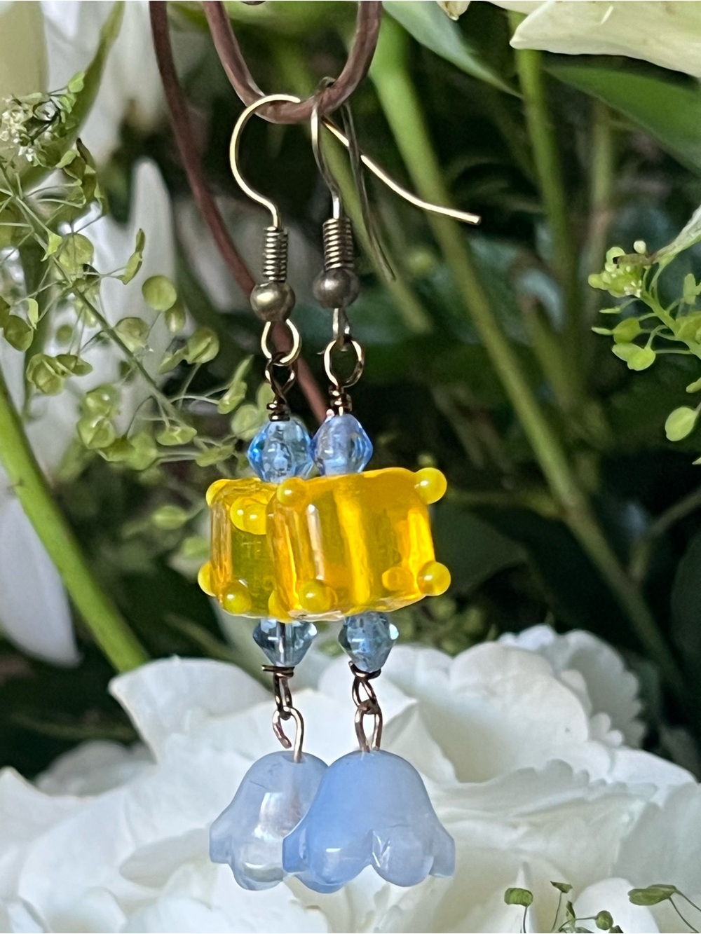Yellow and Light Blue Glass Bead Drop Earrings — Women Jewelry